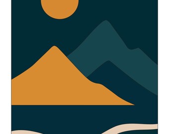 Wandbild „Orange Sonne und Berge“ zum Ausdrucken | Landschaftsbild in Türkis und Marineblau bei Nacht | Moderne Boho-Gipfeldekoration | Digitaler Download