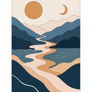 May include: A vertical wall art print featuring a stylized landscape with layered blue mountains, a winding beige river flowing through the center, a large orange sun, and a crescent moon set against a light cream background with clean lines.