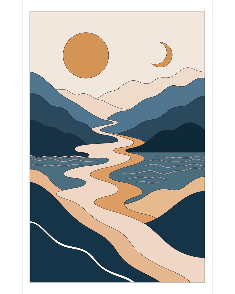 May include: A vertical wall art print featuring a stylized landscape with layered blue mountains, a winding beige river flowing through the center, a large orange sun, and a crescent moon set against a light cream background with clean lines.