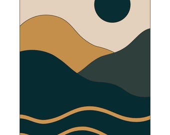 Eclipse Wall Art Printable | Dark Teal Ochre Abstract Landscape Print | Modern Boho Hills Decor | Digital Download
