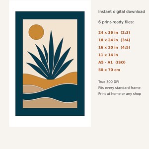 Op de afbeelding: Een digitale muurkunstprint met een donkerblauwe rand, beige achtergrond, donkerblauwe agaveplant, mosterdgele zon en golvende landschapslijnen. Tekst: WHAT YOU RECEIVE, 6 printklare bestanden, 24 x 36 in, 18 x 24 in, 16 x 20 in, 11 x 14 in, A5 - A1, 50 x 70 cm, 300 DPI, STUDIO LENZI wall art drawn by an architect.
