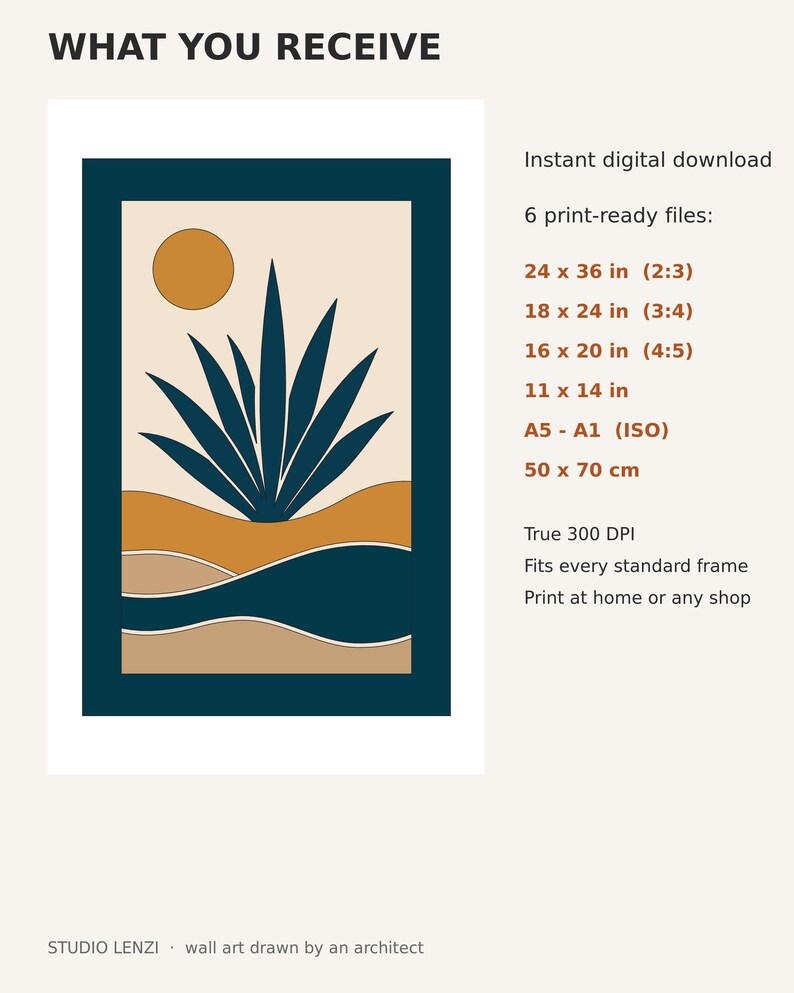Op de afbeelding: Een digitale muurkunstprint met een donkerblauwe rand, beige achtergrond, donkerblauwe agaveplant, mosterdgele zon en golvende landschapslijnen. Tekst: WHAT YOU RECEIVE, 6 printklare bestanden, 24 x 36 in, 18 x 24 in, 16 x 20 in, 11 x 14 in, A5 - A1, 50 x 70 cm, 300 DPI, STUDIO LENZI wall art drawn by an architect.