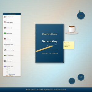 May include: A blue digital planner titled Networking by PlanFlowHouse with a yellow pencil, a coffee cup, and a sticky note listing goals, habits, and reflection. A sidebar details contents including a monthly overview, weekly planner, and habit tracker.