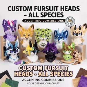 May include: A collection of nine custom fursuit heads in various colors and species, including purple, yellow, green, and blue designs. The image features the text CUSTOM FURSUIT HEADS - ALL SPECIES and ACCEPTING COMMISSIONS, with fabric swatches below.