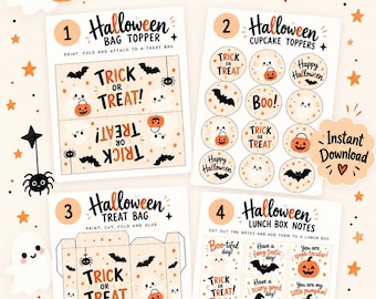 Zestaw do druku na Halloween | Torebka na smakołyki, ozdoby na torebki, ozdoby na babeczki i notatki do pudełka na lunch
