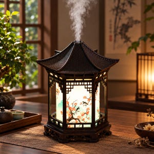 Peut inclure: Un diffuseur d'huiles essentielles en bois brun foncé en forme de pagode avec une base et un toit hexagonaux. Le panneau central illuminé présente un fond blanc avec un motif imprimé de fleurs de cerisier roses et de petits oiseaux noirs.