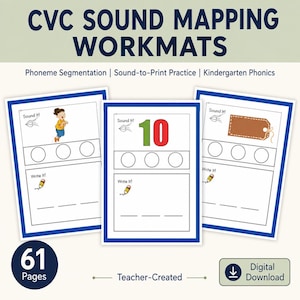 May include: Three educational CVC sound mapping workmats with blue borders. Each page features a Sound It section with an illustration, three empty circles for phoneme segmentation, and a Write It section with lines for writing practice.