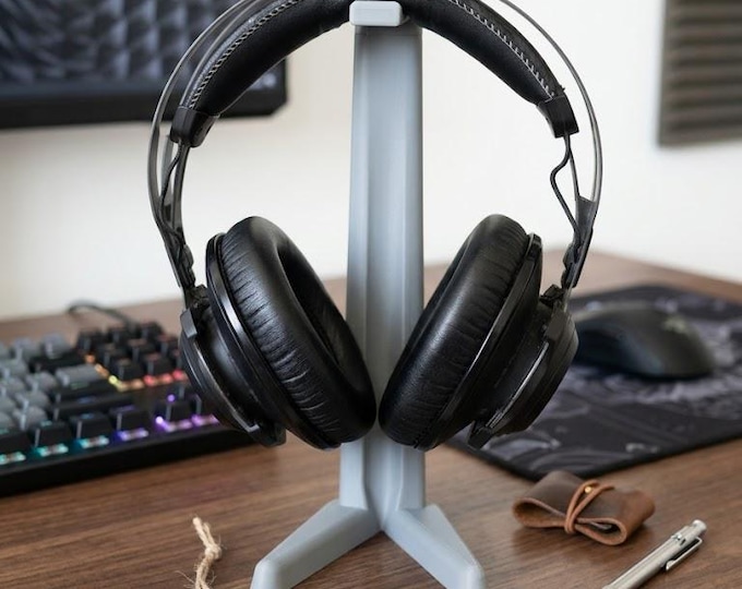 Featured listing image: Minimalist Headphone Stand, Modern Desktop Headset Holder, Sleek Desk Organizer for Gamers & Office, 3D Printed Headphones Display Rack