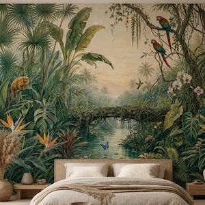 May include: A bedroom featuring a low-profile wooden bed with beige bedding, flanked by two small wooden nightstands. The wall behind the bed displays a large mural of a lush tropical jungle with palm trees, orchids, parrots, and a river.