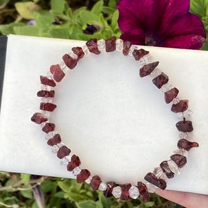 May include: A stretch bracelet featuring alternating raw, deep red garnet chips and small, clear faceted crystal beads. The stones are arranged in a circular pattern, showcasing a mix of opaque dark red textures and transparent, reflective clear accents.