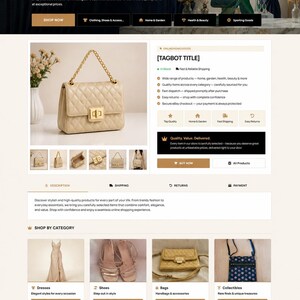Pode incluir: Um layout de página web para uma loja online apresentando uma bolsa acolchoada bege com alça de corrente dourada e um fecho retangular dourado. A página inclui menus de navegação, categorias de produtos e texto promocional.