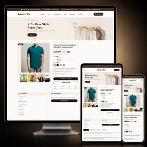 May include: A digital display of the Loom & Co e-commerce website shown on a desktop monitor, tablet, and smartphone. The webpage features a product listing for an oversized linen blazer, a teal t-shirt, navigation menus, and a newsletter signup form.