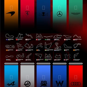Può includere: Un poster del Campionato Mondiale di Formula 1 con i loghi delle scuderie su pannelli verticali colorati e i profili bianchi di vari circuiti internazionali, completi di nomi delle città e bandiere nazionali disposti a griglia.