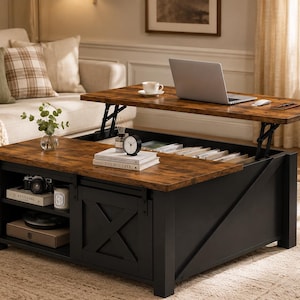 May include: A rectangular coffee table with a black frame and a dark wood grain top. The table features a lift-top mechanism, an open side shelf, and a sliding barn-style door that reveals internal storage space for books and various household items.