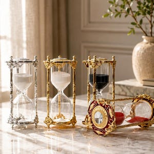 Puede incluir: Cuatro relojes de arena con marcos de metal ornamentados. Dos están de pie con arena blanca, uno de pie con arena negra y uno acostado horizontalmente con arena roja. Los marcos presentan detalles intrincados y acabados metálicos en plata y oro.