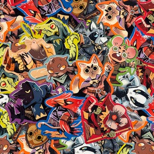 Peut inclure: Une collection d'autocollants colorés représentant des animaux anthropomorphes illustrés en tenue fantastique, dont un cardinal archer rouge, un corbeau à capuche, un guerrier souris, un chat en cape et un lézard, disposés en un collage dense.