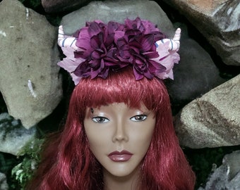 Enchanted Forest Flower Crown with Horns, Fairy Headband for Renaissance Fair, Fantasy Weddings, and Cosplay. Ostara mid-summer Festivals