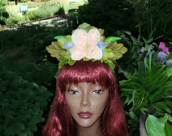 Fairy Leaf Crown with Horns, Pixie Headband for Pagan festival cosplay, woodland Weddings, Mythical Creature Green Lady Cosplay burning man