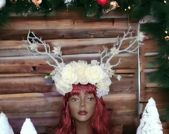 Winter faun goddess fairytale wedding headpiece - Reindeer fairy for Yule festival Branch headpiece ethereal forest elven queen photo shoot