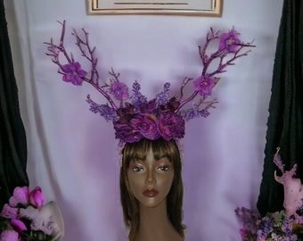 Woodland nymph deer antler headband for fantasy photo prop, Midsummer festival floral crown Fairytale Dryad Halloween Costume Hamadryades