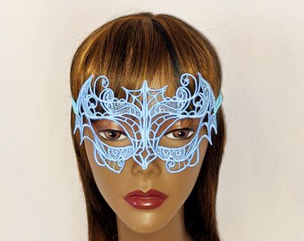 Light Blue Bat Mask Freestanding Lace - Masquerade Ball - Steampunk Fetish mask, Mardi Gras boudoir belle of the ball mask Chiroptera