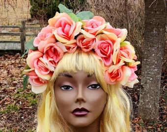 Rose Flower Crown Headband for Boho Weddings, Mexican Bridal Headpiece , Adult Girl Festival Flower Crown, Fairy Headband for festival