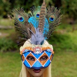 Harlequin Masquerade Blue and Gold Mask for Costume Events, Beaded Venetian Mask for Mardi Gras Carnival or Ball