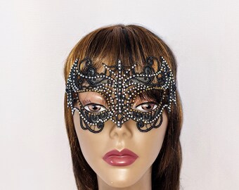 Black Bat Mask Freestanding Lace Rhinestones Masquerade Ball - Steampunk Fetish, Mardi Gras boudoir belle of the ball mask Chiroptera
