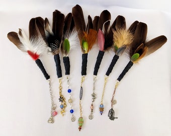 Beaded Smudging Feathers with leather wrap for house blessing, cleansing spiritual housewarming gift