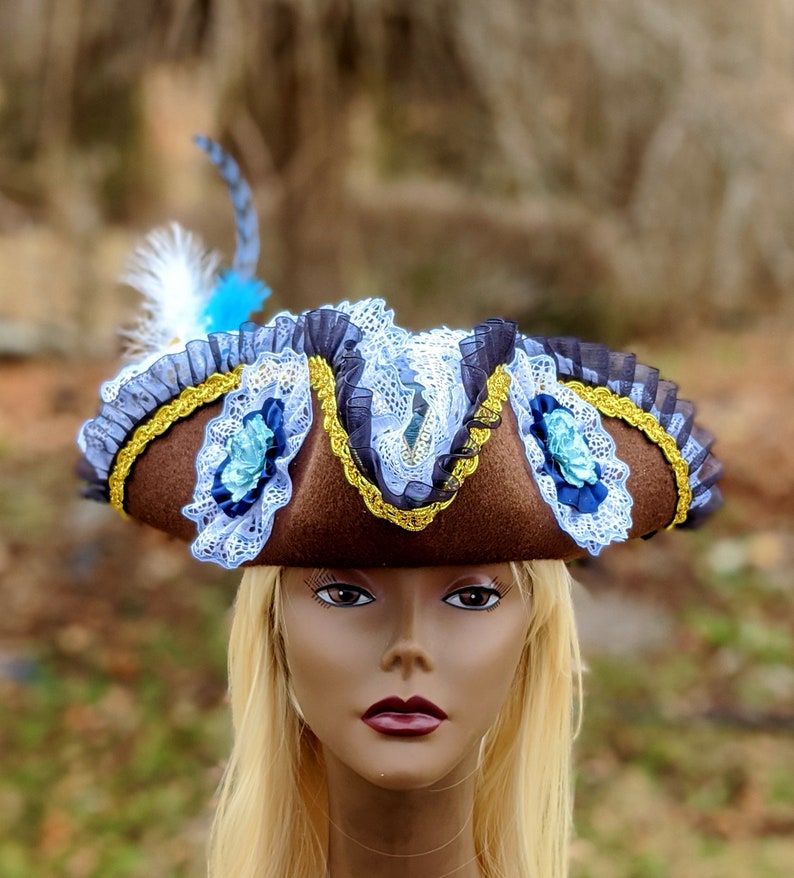 Light Blue Pirate Tricorn Hat MEDIUM brown Corset top woman\u2019s fancy pirate cosplay fascinator jack sparrow Halloween Burlesque