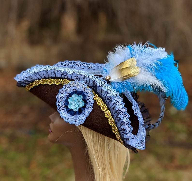 Light Blue Pirate Tricorn Hat MEDIUM brown Corset top woman\u2019s fancy pirate cosplay fascinator jack sparrow Halloween Burlesque