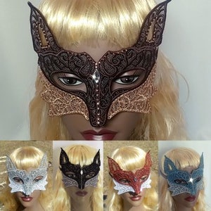 Custom Freestanding lace Fox Mask Crystal Rhinestones Freestanding Lace Masquerade Ball Steampunk foxy, Mardi Gras boudoir kitsune mask image 4