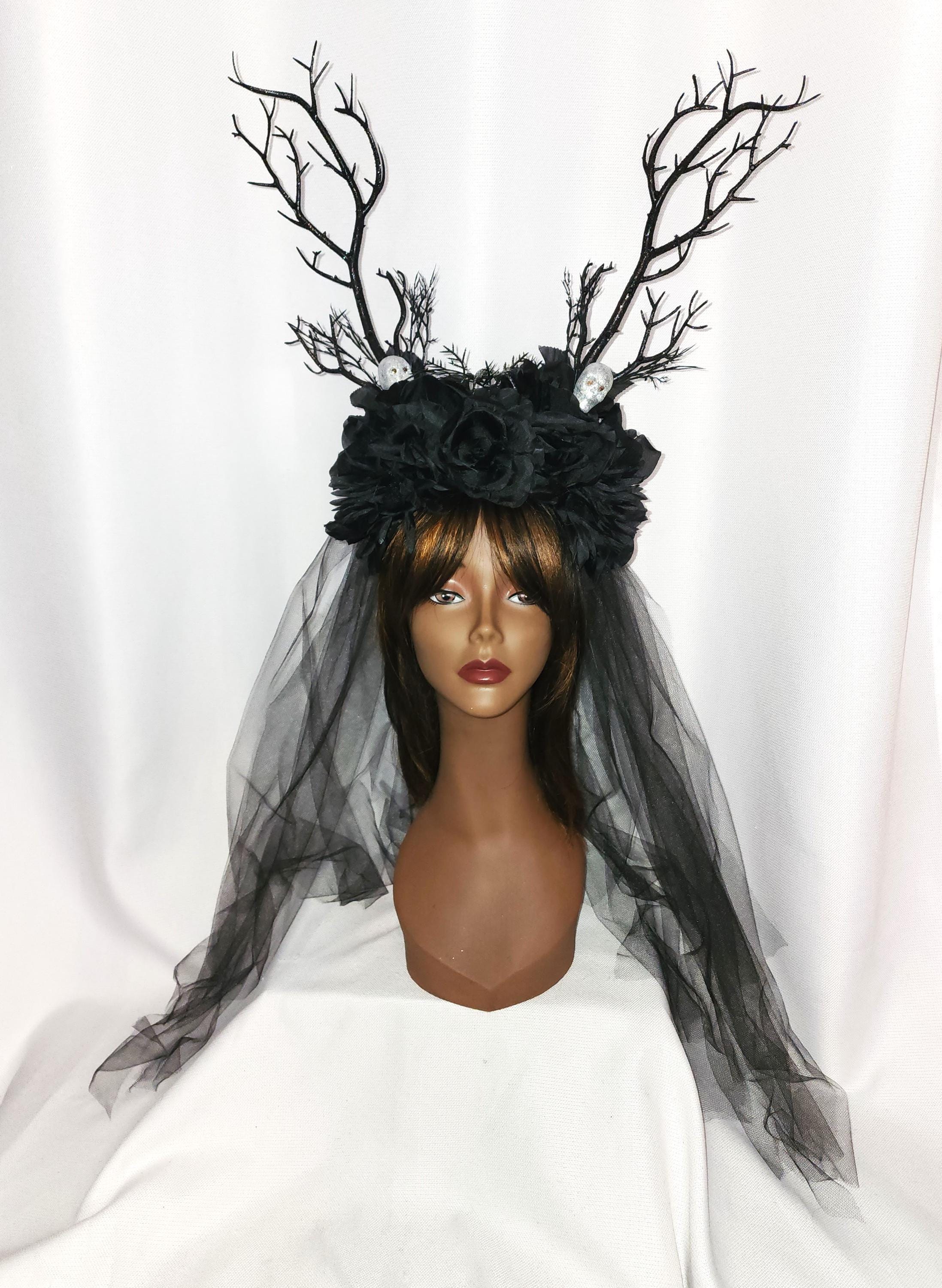 Black Antler Crown With Veil Gothic Wedding, Skull Headpiece  display picture 1