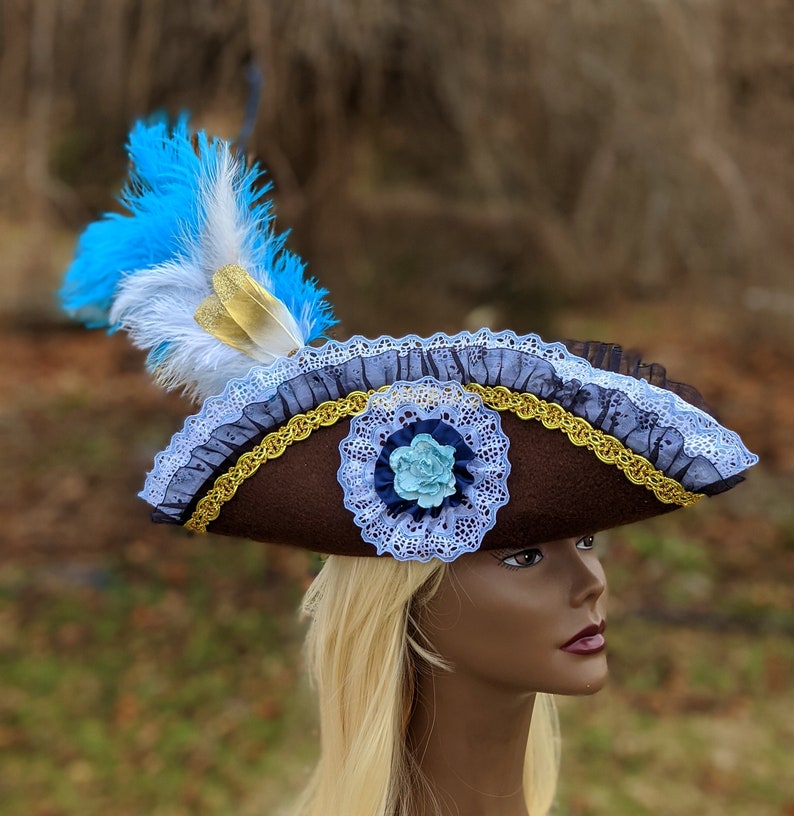 Light Blue Pirate Tricorn Hat MEDIUM brown Corset top woman\u2019s fancy pirate cosplay fascinator jack sparrow Halloween Burlesque