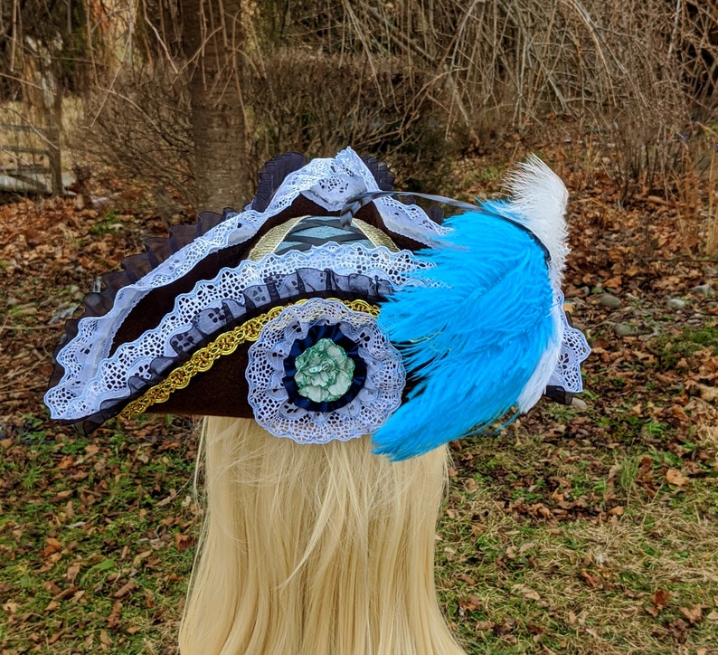 Light Blue Pirate Tricorn Hat MEDIUM brown Corset top woman\u2019s fancy pirate cosplay fascinator jack sparrow Halloween Burlesque