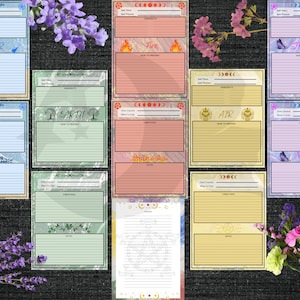 Könnte beinhalten: Druckbarer digitaler Download von 10 Seiten mit hellblauem, grünem, gelbem, rosa und violettem Hintergrund. Jede Seite hat ein anderes Element: Wasser, Feuer, Geist, Erde, Luft und eine leere Seite mit einem Kreisdesign. Jede Seite hat einen Abschnitt für das Erstellungsdatum, den Zeitpunkt des Gusses, die Schwingungen, die Vorbereitung, Notizen und Zutaten.