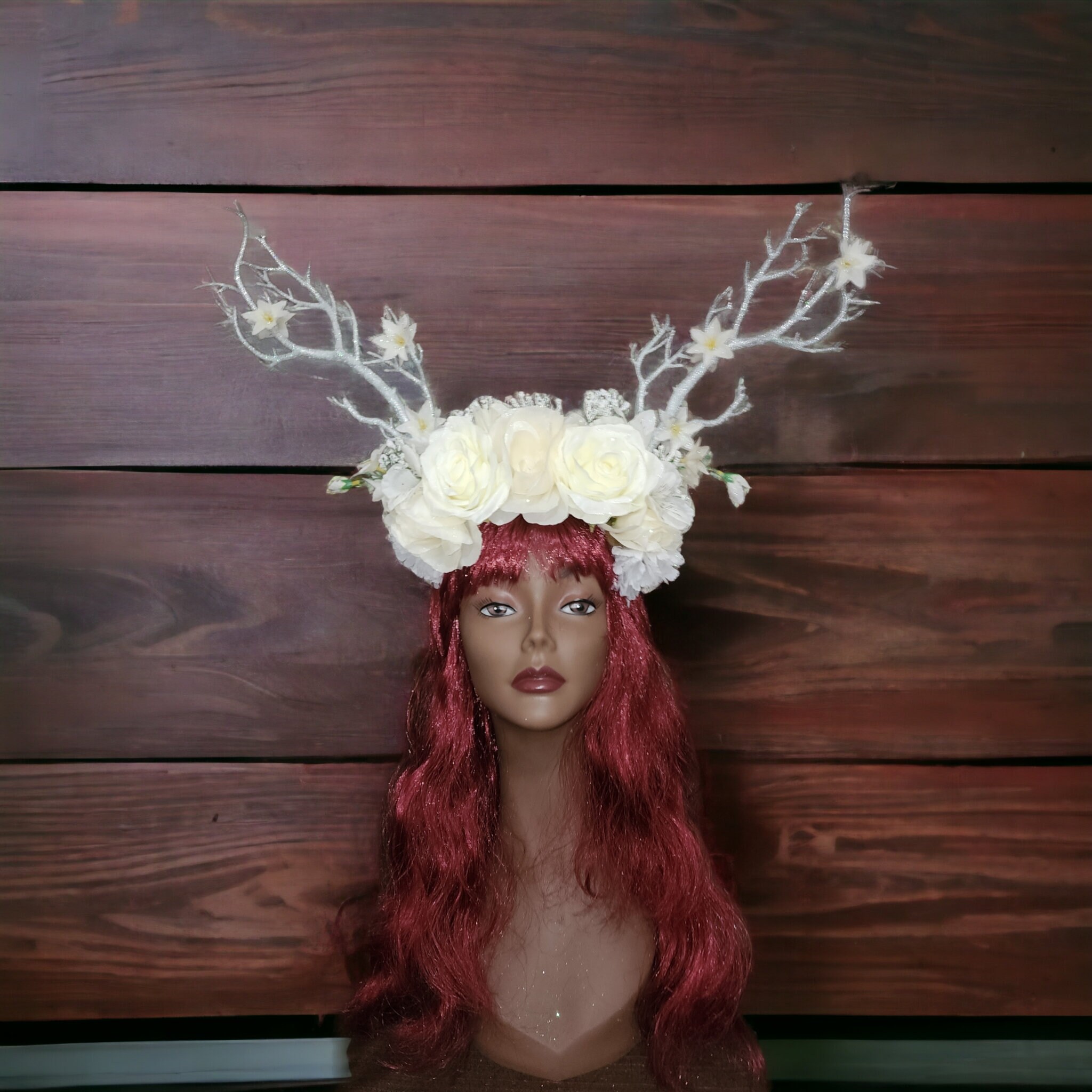 Handmade White Flower Antler Headpiece Woodland Reindeer Crown for Cosplay MOSTORY Handmade White Antler Floral Headpiece Woodland Rose  main image 3