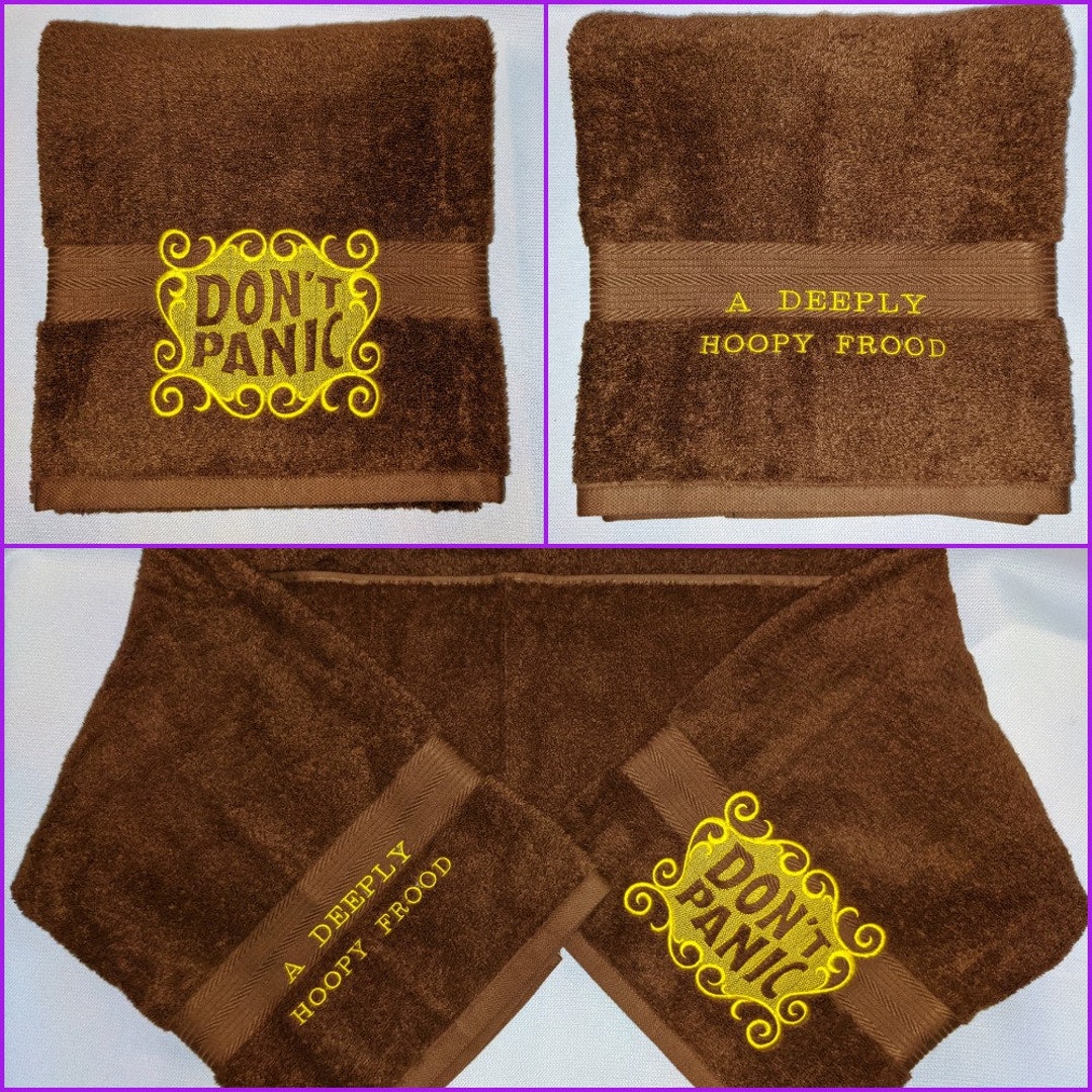 MTO Embroidered Don't Panic A Deeply Hoopy Frood Bath Towel Hitchhiker