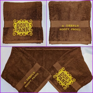 MTO Embroidered Don&#39;t Panic - A Deeply Hoopy Frood Bath towel Hitchhiker&#39;s Guide 42nd birthday towel day  HHGTTG H2G2 made to order