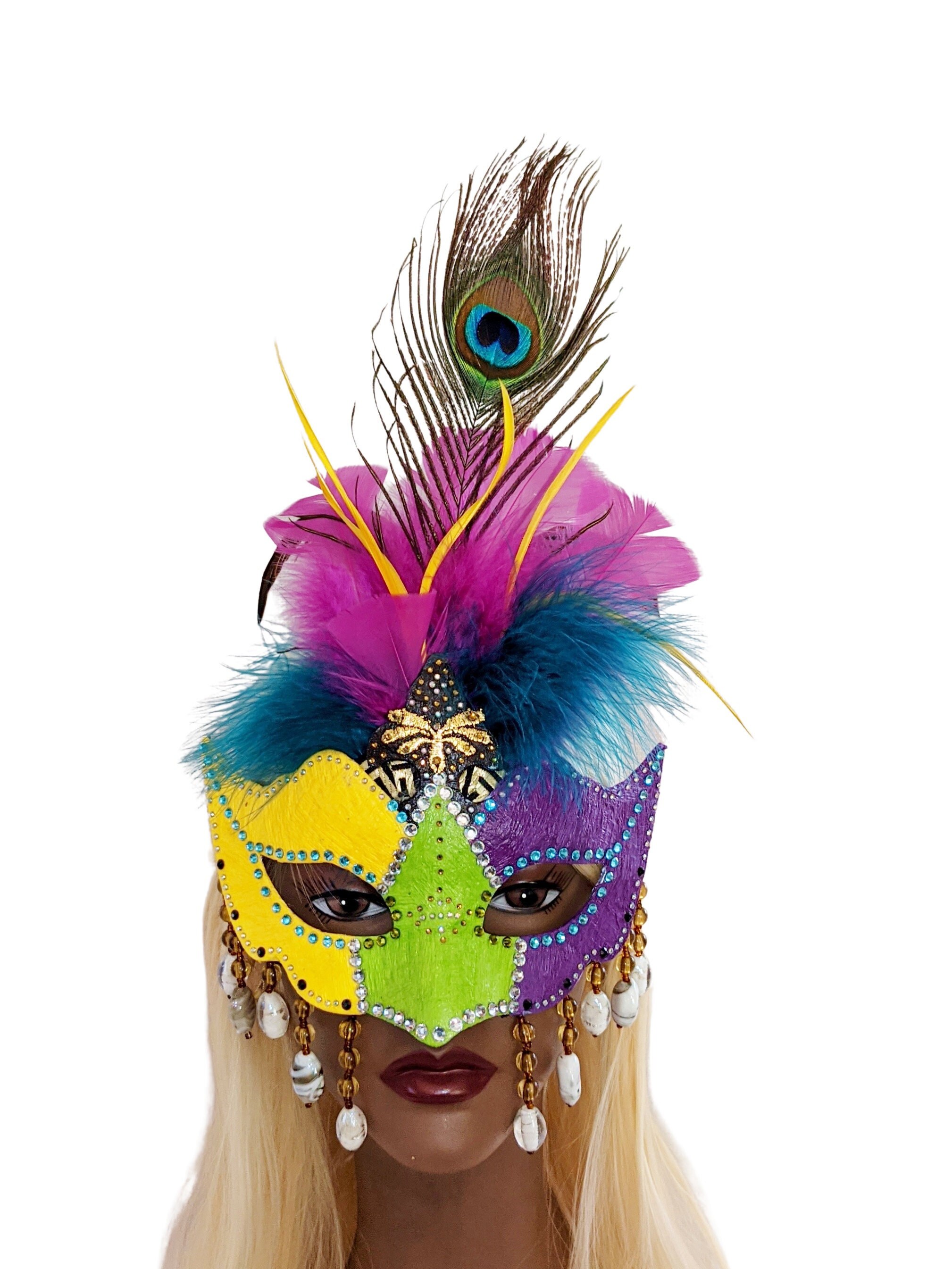 Green Purple Headband Sparkle Hair Face Masquerade Mask Beaded Gold Mardi Gras Mardi Gras Couples Masquerade Mask Set in Purple/gold With  main image 3