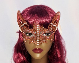 Rust brown Kitty Cat Mask RTS Swarovski & Preciosa Rhinestones Masquerade Ball Mardi Gras boudoir mask Kitten play feline Bast cosplay