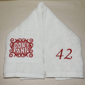 Custom DON'T PANIC Embroidered Hand Towel Hitchhikers Intergalactic Traveler towel day 42nd birthday image 10