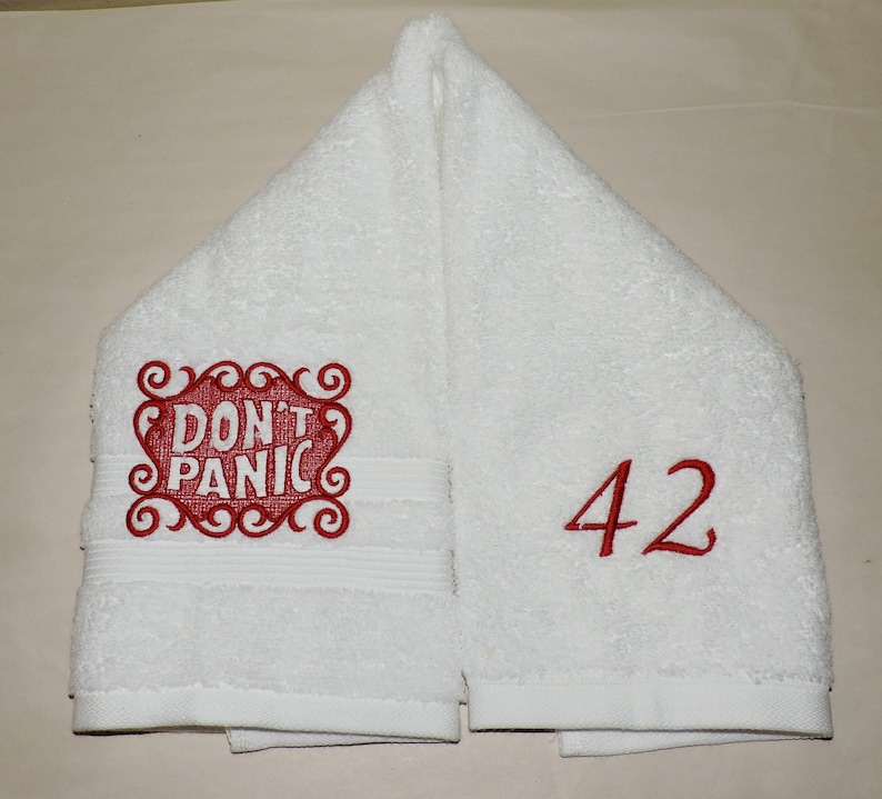 Custom DON'T PANIC Embroidered Hand Towel Hitchhikers Intergalactic Traveler towel day 42nd birthday image 10