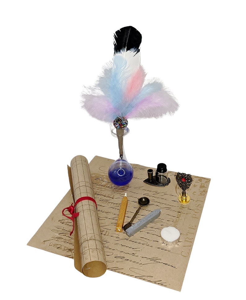 May include: A calligraphy set with a blue ink bottle, a feather pen, a wax seal, a candle, a spoon, and a roll of parchment paper.