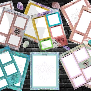 May include: A set of printable spell journal pages with a variety of designs. Each page has sections for spell name, ingredients, variations, date, and notes. The pages feature a variety of colors and designs, including moons, stars, and pentagrams.