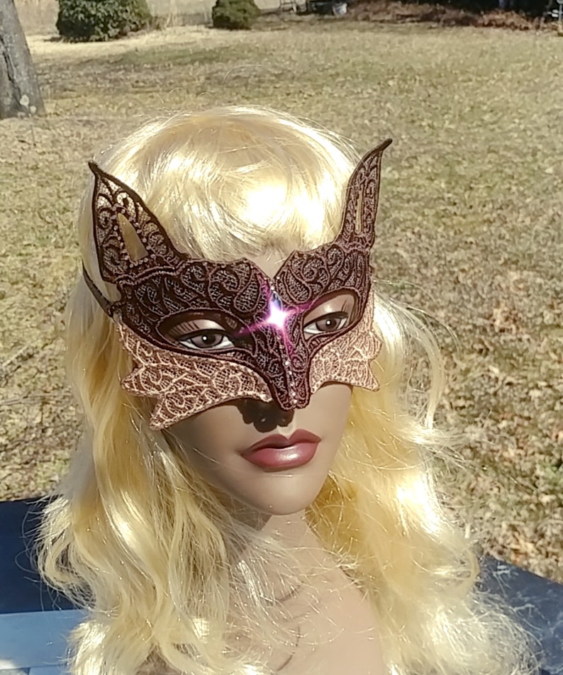 Custom Freestanding lace Fox Mask Crystal Rhinestones Freestanding Lace Masquerade Ball Steampunk foxy, Mardi Gras boudoir kitsune mask image 8