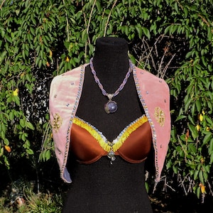 Handmade Pink Belly Bolero Dance Vest & Brown Bra Set, Perfect for Renaissance Festivals and Tribal Fusion Dance Performances