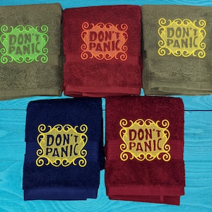 Custom DON'T PANIC Embroidered Hand Towel Hitchhikers Intergalactic Traveler towel day 42nd birthday image 8