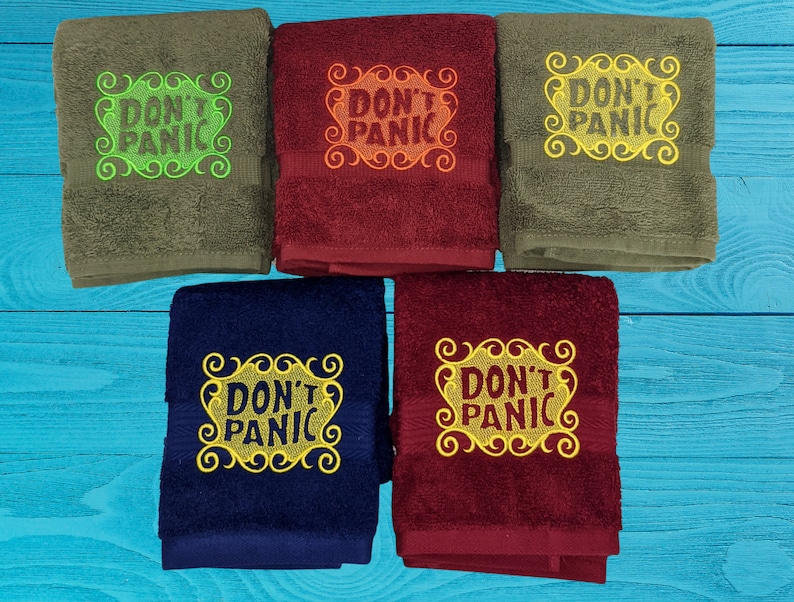 Custom DON'T PANIC Embroidered Hand Towel Hitchhikers Intergalactic Traveler towel day 42nd birthday image 8