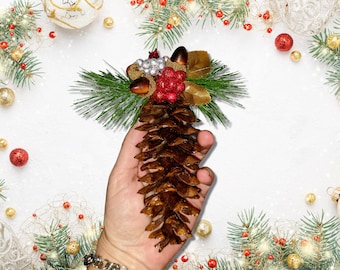 5 1/2" Christmas rustic Yule Ornament, Christmas pine cone , Farmhouse Ornament for Christmas tree, woodland ornament, pinecone decor